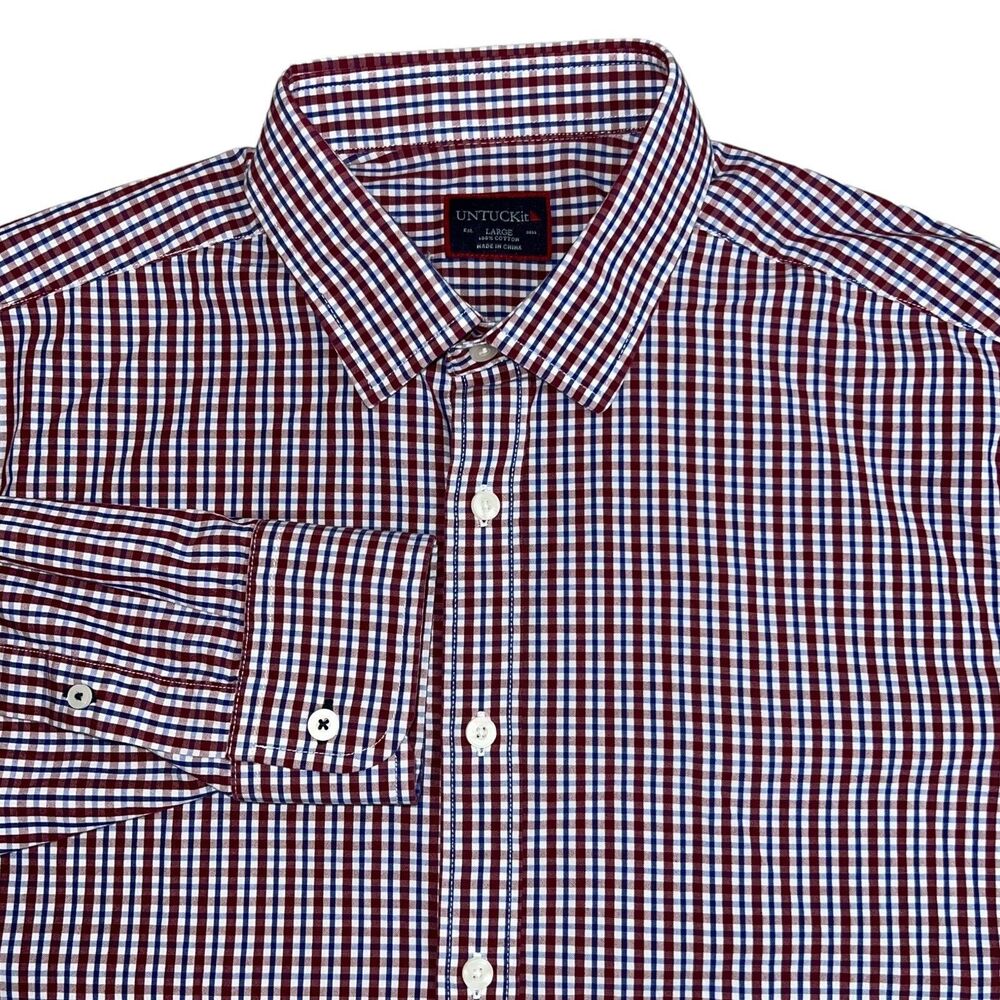 Untuckit Mens Amberhill Red‎ White Blue Plaid Long Sleeve Button Up Shirt Large